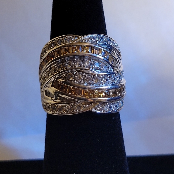 Solid 925 Silver Ring with white and gold cz - Picture 2 of 5